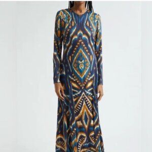 Farm Rio Pineapple Ikat navy blue maxi dress Size S silky zipper long New